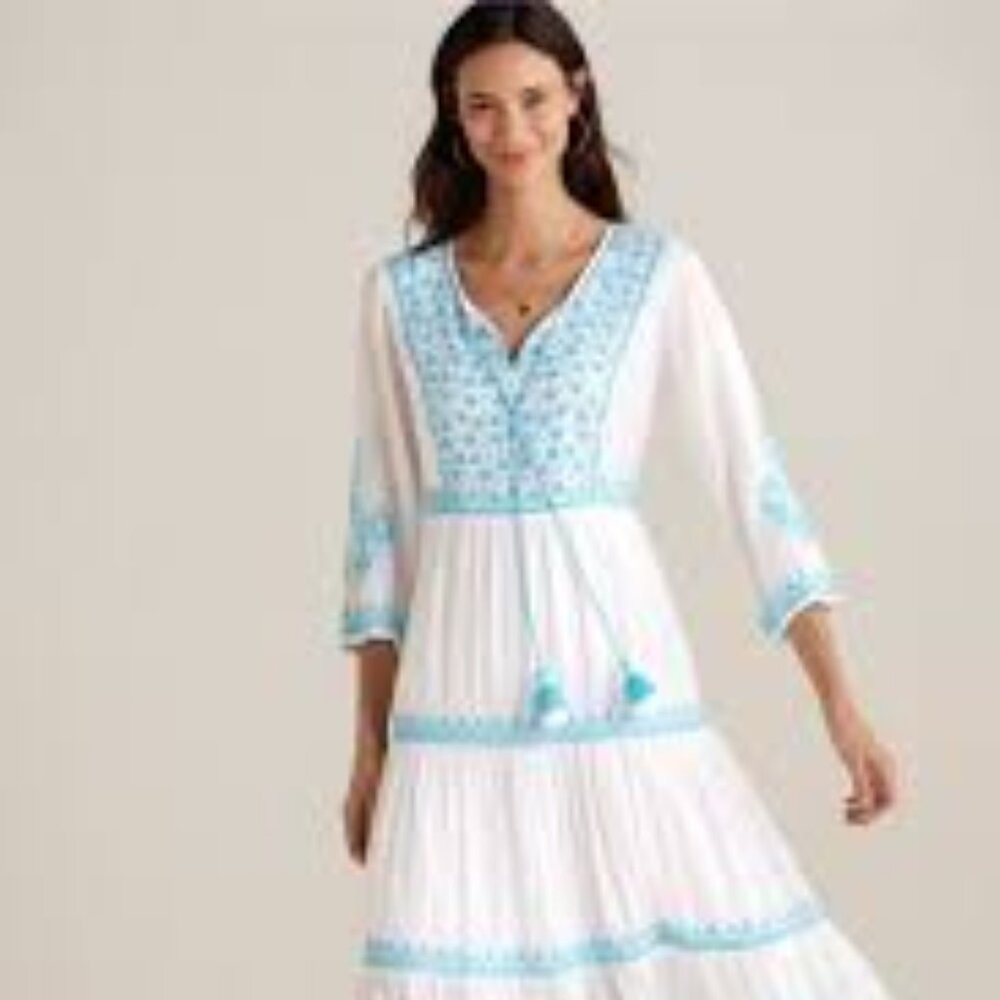 Soft Surroundings JUNIPER Bohemian Embroidered Cotton Gauze Dress -M